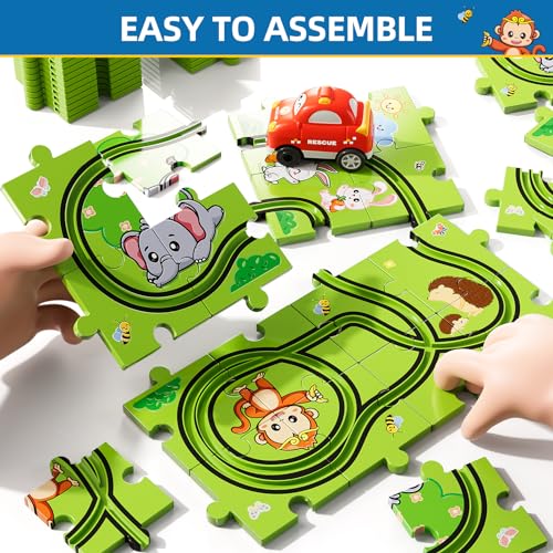 Bennol 39-Piece Animal Car Track Puzzle Set for Toddlers Ages 1-5 – Friction-Powered Car & 6 Traffic Signs
