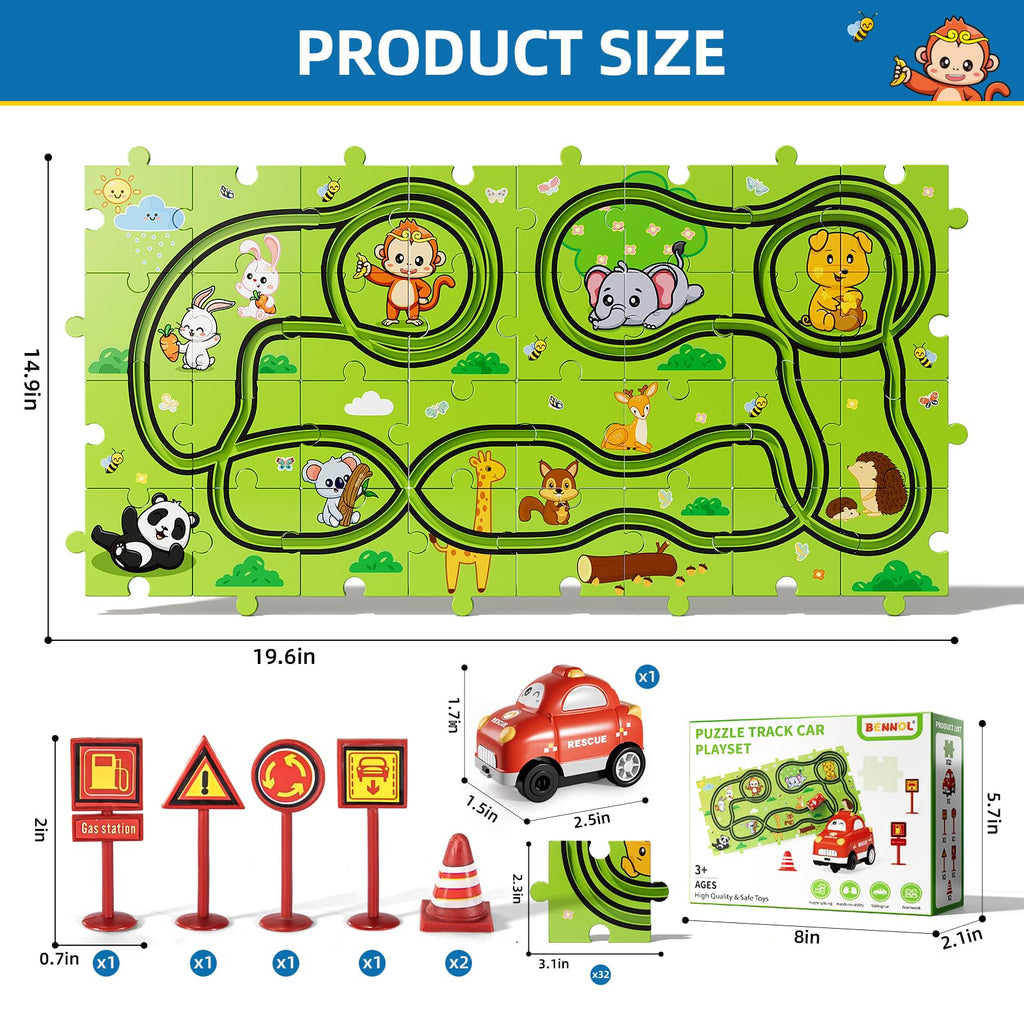 Bennol 39-Piece Animal Car Track Puzzle Set for Toddlers Ages 1-5 – Friction-Powered Car & 6 Traffic Signs