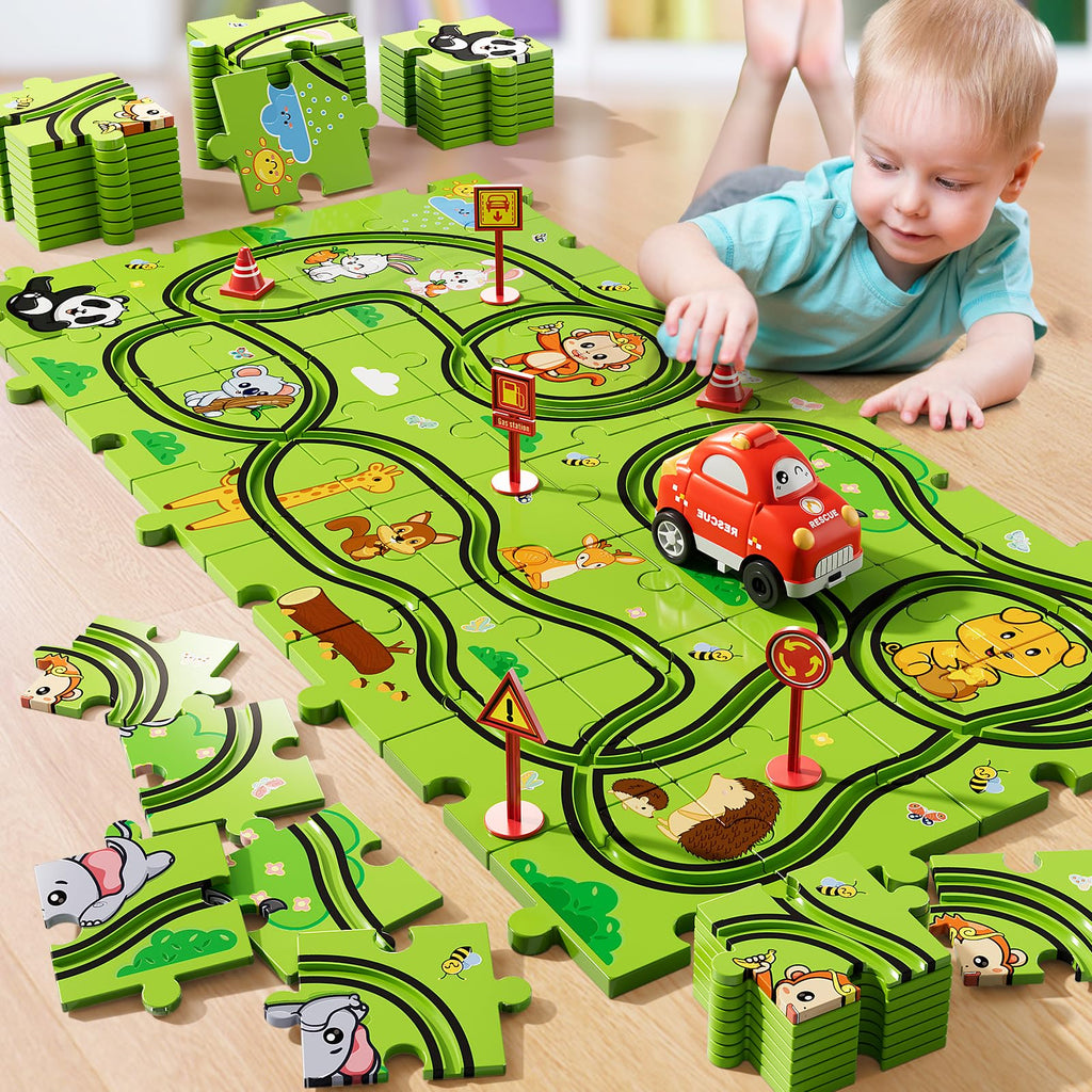 Bennol 39-Piece Animal Car Track Puzzle Set for Toddlers Ages 1-5 – Friction-Powered Car & 6 Traffic Signs