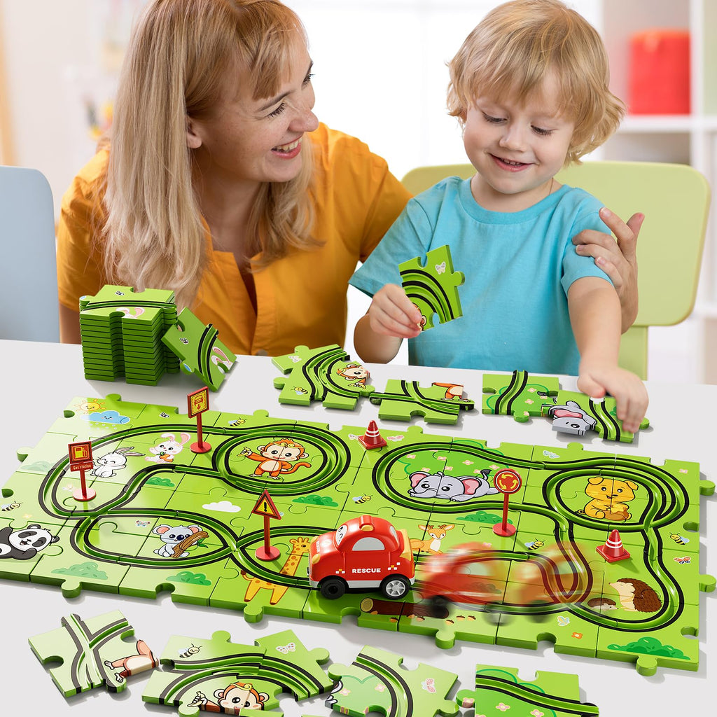 Bennol 39-Piece Animal Car Track Puzzle Set for Toddlers Ages 1-5 – Friction-Powered Car & 6 Traffic Signs