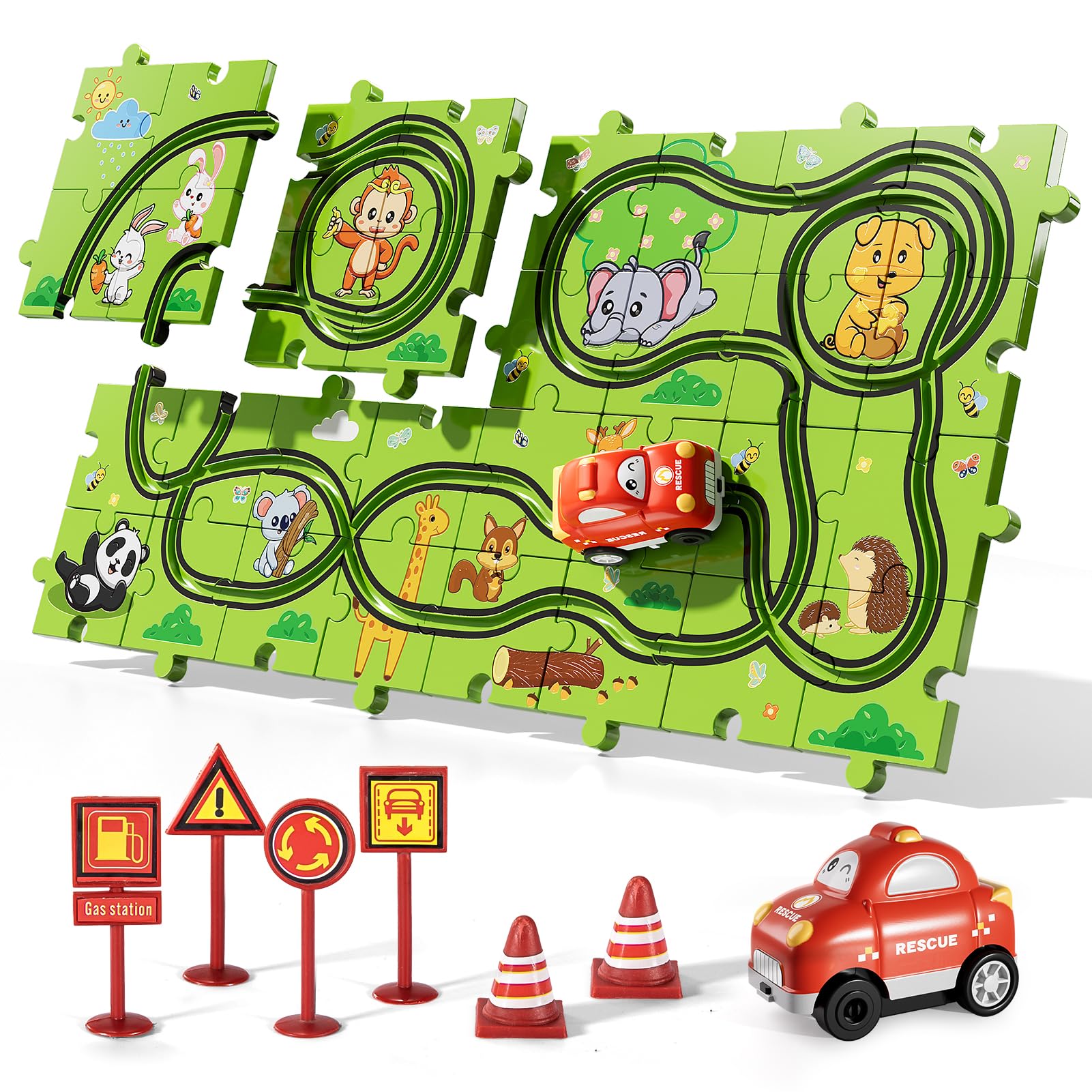 Bennol 39-Piece Animal Car Track Puzzle Set for Toddlers Ages 1-5 – Friction-Powered Car & 6 Traffic Signs