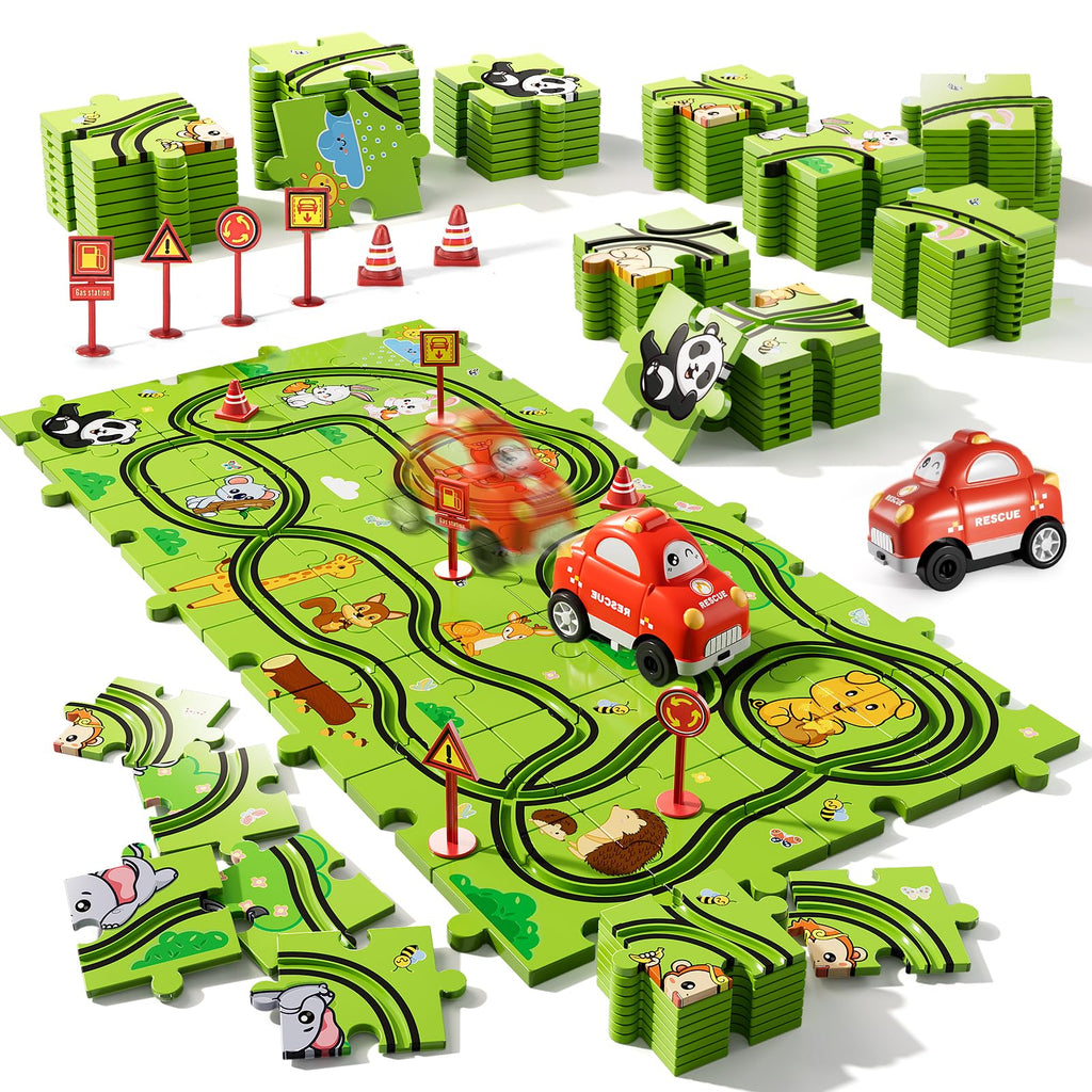 Bennol 39-Piece Animal Car Track Puzzle Set for Toddlers Ages 1-5 – Friction-Powered Car & 6 Traffic Signs