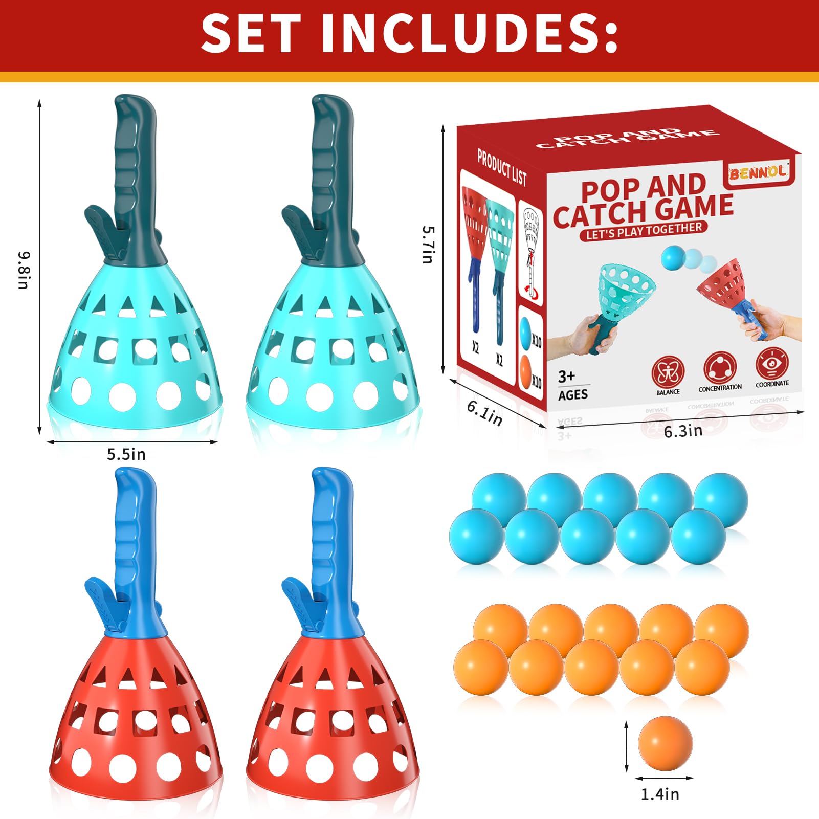 Bennol Outdoor Catch Ball Game with 20 Balls - Pop Pass Toy for Kids Ages 3-8