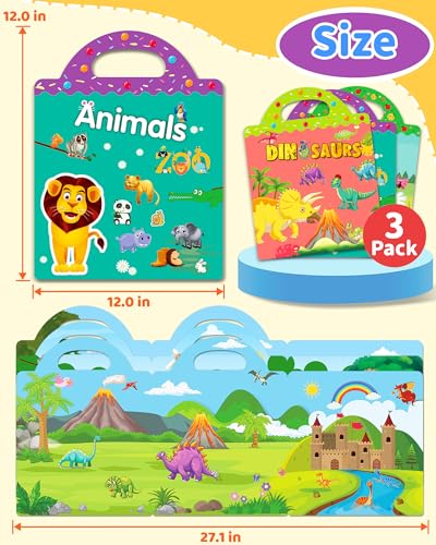 Benresive Reusable Sticker Book for Toddlers - 94 Waterproof Stickers with Zoo Animals, Dinosaurs & Insects Themes