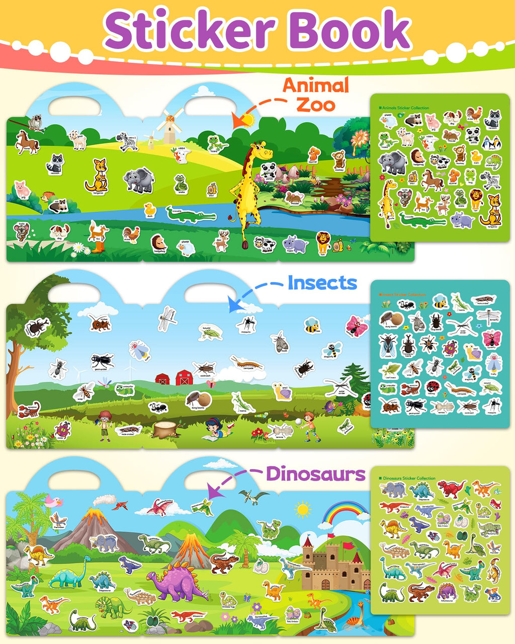 Benresive Reusable Sticker Book for Toddlers - 94 Waterproof Stickers with Zoo Animals, Dinosaurs & Insects Themes