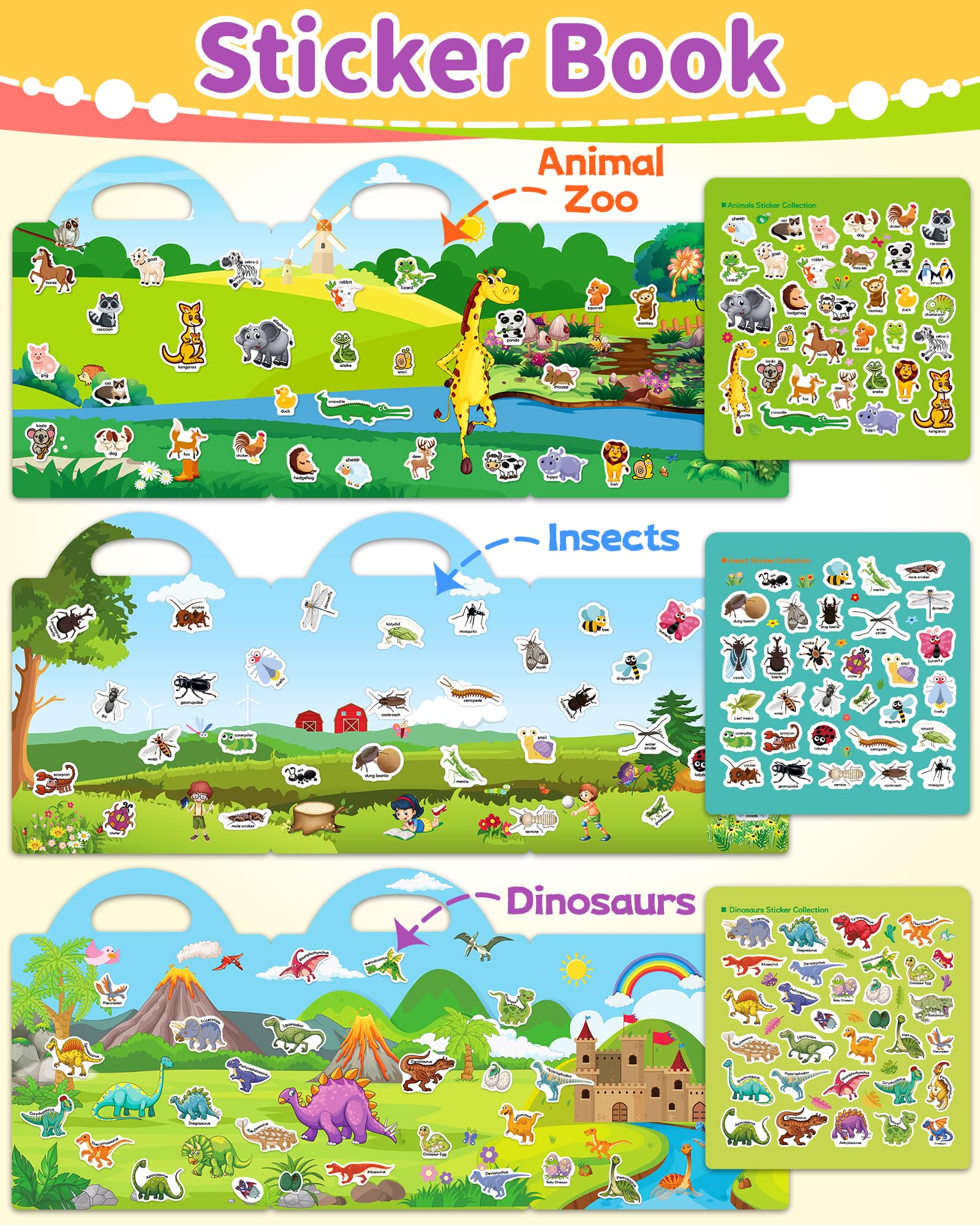 Benresive Reusable Sticker Book for Toddlers - 94 Waterproof Stickers with Zoo Animals, Dinosaurs & Insects Themes