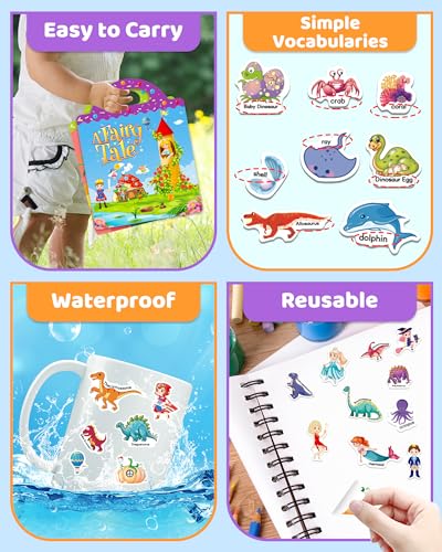 Benresive Reusable Sticker Book for Toddlers – 94 Ocean, Fairy & Dinosaur Stickers, Portable Travel Toy with Storage