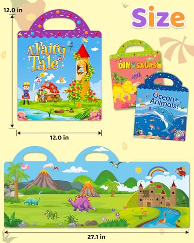 Benresive Reusable Sticker Book for Toddlers – 94 Ocean, Fairy & Dinosaur Stickers, Portable Travel Toy with Storage