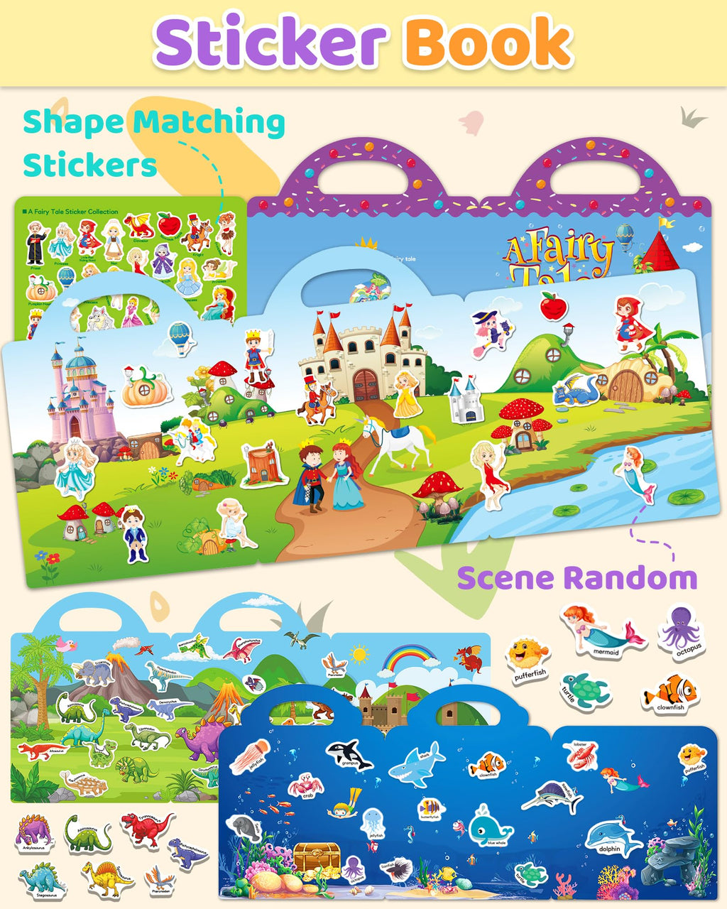 Benresive Reusable Sticker Book for Toddlers – 94 Ocean, Fairy & Dinosaur Stickers, Portable Travel Toy with Storage
