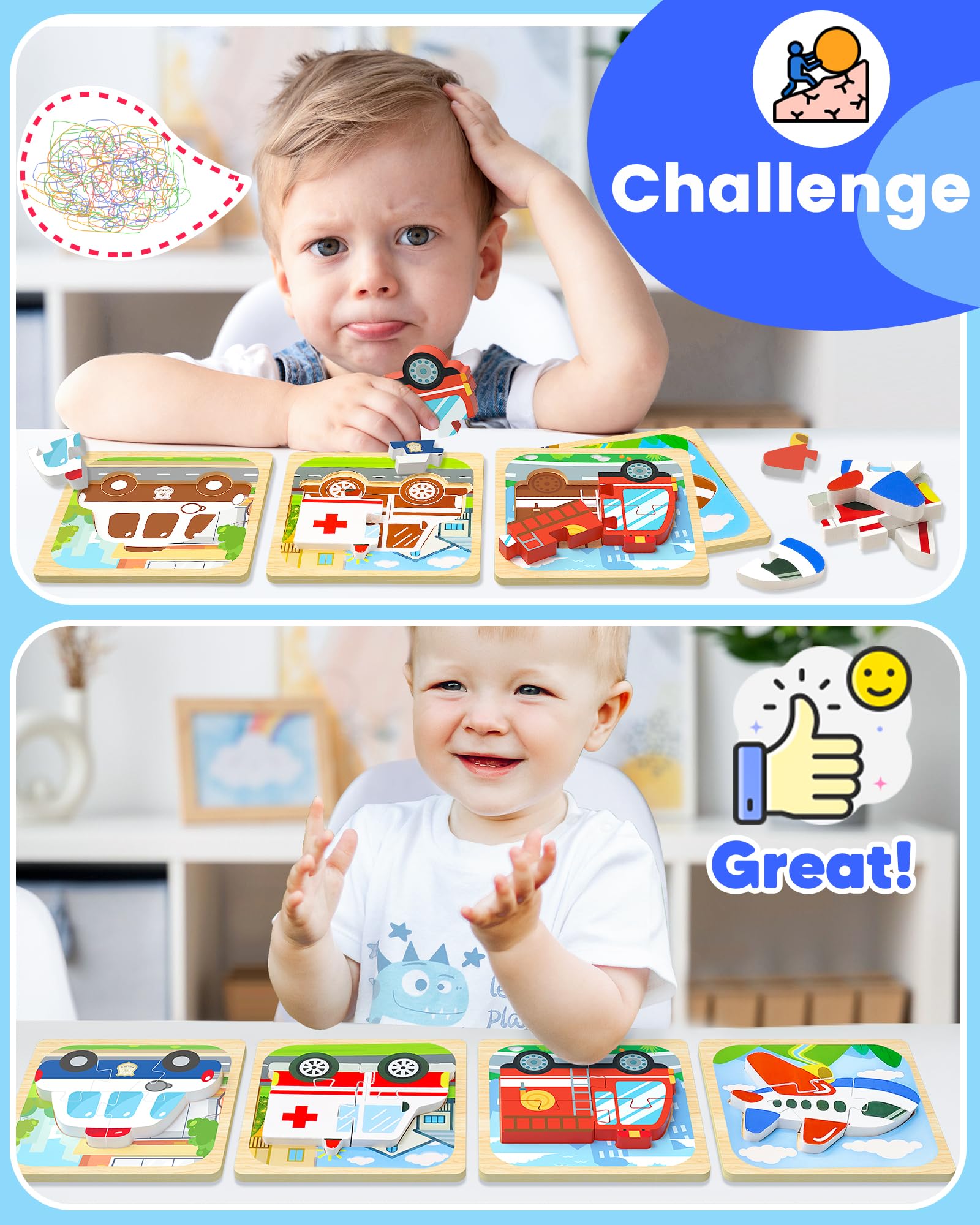 Benresive Wooden Toddler Puzzles - 4 Pack Vehicle Montessori Toys for Ages 1-3