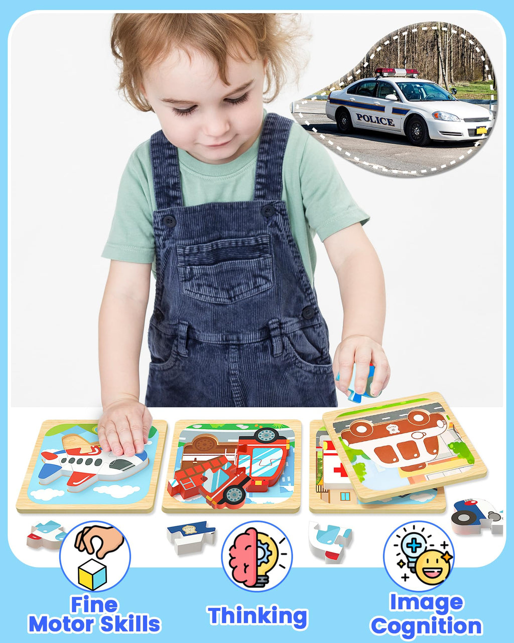 Benresive Wooden Toddler Puzzles - 4 Pack Vehicle Montessori Toys for Ages 1-3