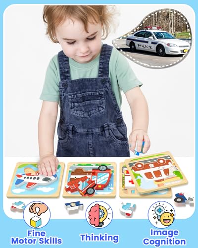 Benresive Wooden Toddler Puzzles - 4 Pack Vehicle Montessori Toys for Ages 1-3