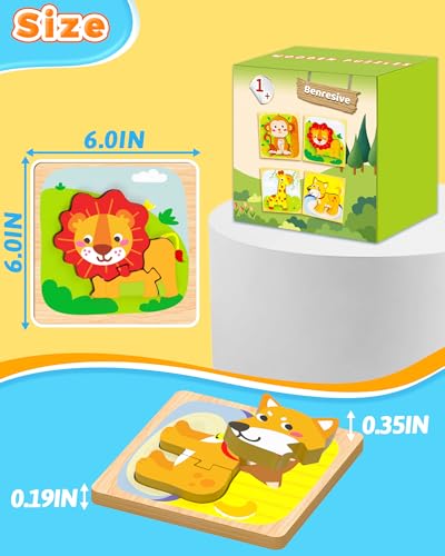 Benresive Wooden Toddler Puzzles 4-Pack: Animal Montessori Toys for Ages 1-3