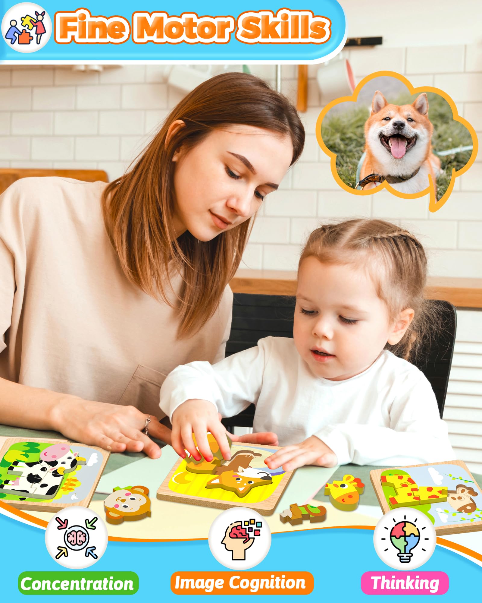 Benresive Wooden Toddler Puzzles 4-Pack: Animal Montessori Toys for Ages 1-3