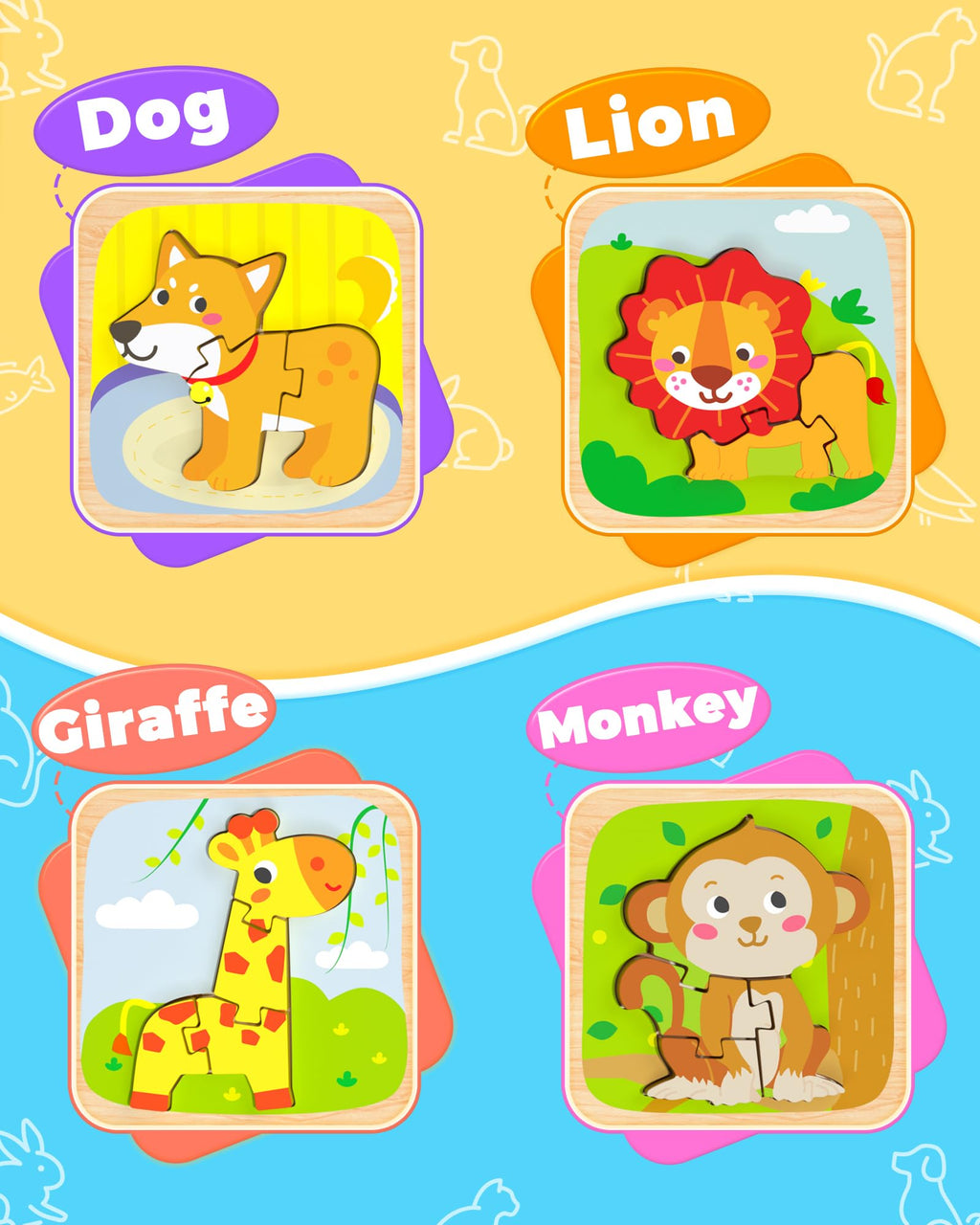 Benresive Wooden Toddler Puzzles 4-Pack: Animal Montessori Toys for Ages 1-3
