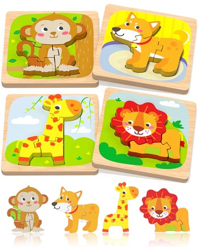 Benresive Wooden Toddler Puzzles 4-Pack: Animal Montessori Toys for Ages 1-3