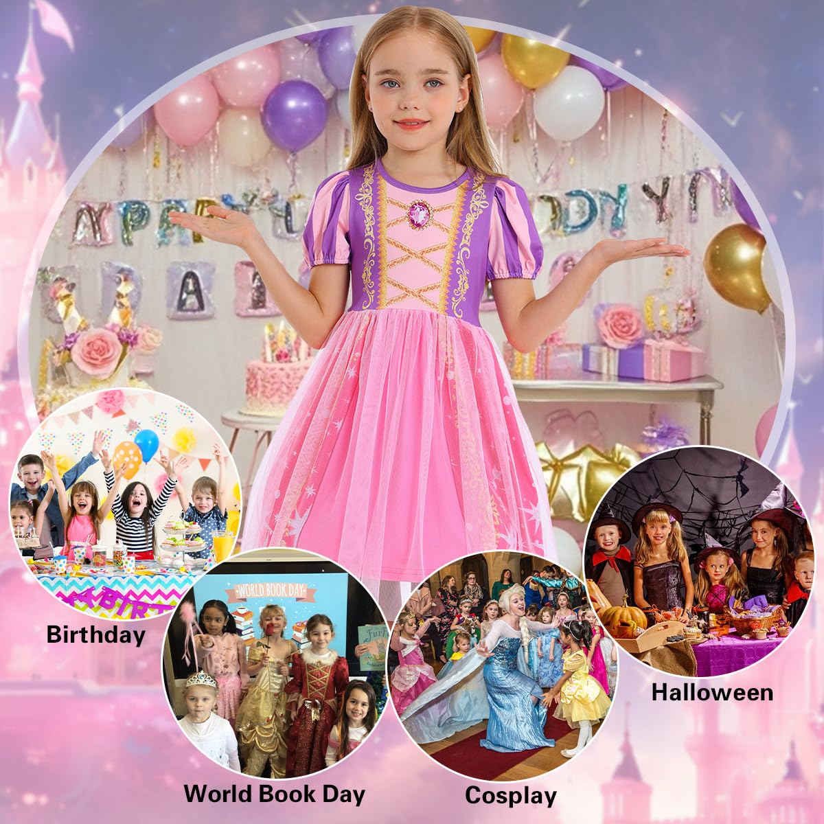 Benylion Girls Princess Dress with 3D Diamond Print & Apple Pattern – Halloween Cosplay, Birthday Party Outfit
