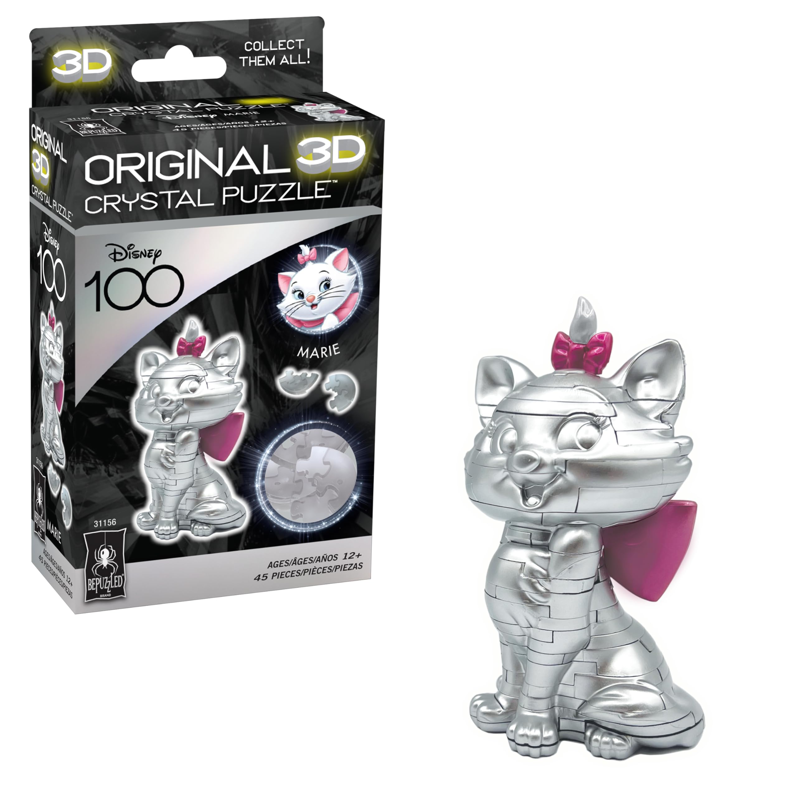 BePuzzled Disney Platinum Marie 3D Crystal Puzzle – 45-Piece Translucent Sculpture, Ages 12+