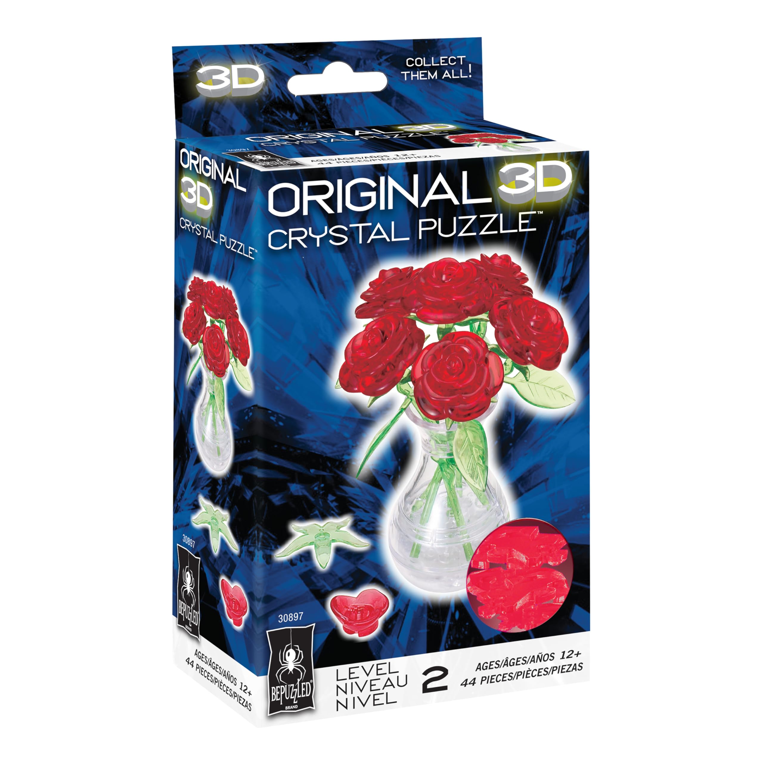 BePuzzled Red Roses in Vase 3D Crystal Puzzle - 47 Piece Translucent Building Set for Ages 12+