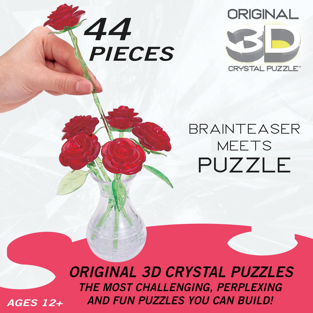 BePuzzled Red Roses in Vase 3D Crystal Puzzle - 47 Piece Translucent Building Set for Ages 12+