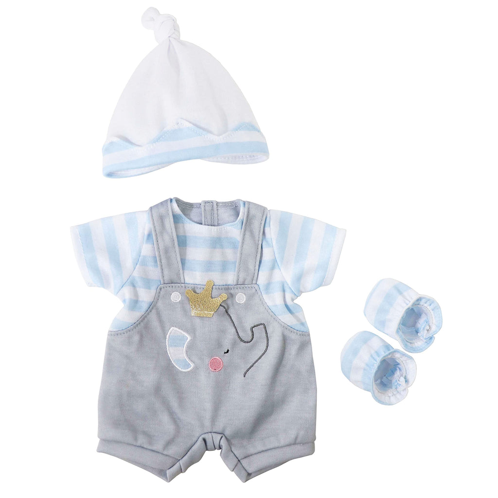 Berenguer Boutique Baby Doll Outfit – Gray Overall Shorts with Blue Stripes, Headband & Booties, Fits 14-16 Inch Dolls