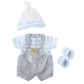 Berenguer Boutique Baby Doll Outfit – Gray Overall Shorts with Blue Stripes, Headband & Booties, Fits 14-16 Inch Dolls