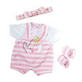 Berenguer Boutique Baby Doll Outfit – Pink Stripes & White Overall Shorts with Headband and Booties for Dolls 14-16 Inches