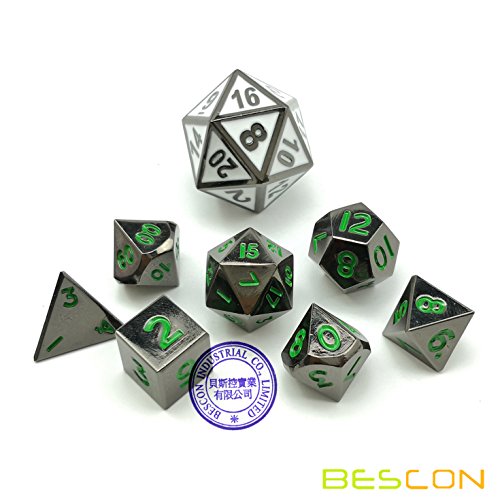 Bescon 10mm Mini Metal Dice Set – Glossy Black with Green Numbers, 7-Piece Polyhedral for D&D RPG