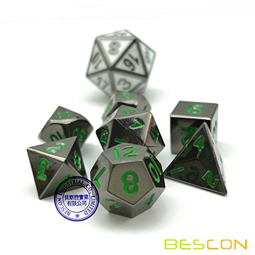 Bescon 10mm Mini Metal Dice Set – Glossy Black with Green Numbers, 7-Piece Polyhedral for D&D RPG