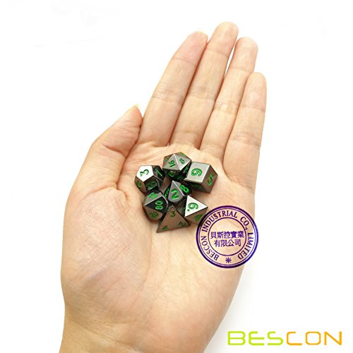 Bescon 10mm Mini Metal Dice Set – Glossy Black with Green Numbers, 7-Piece Polyhedral for D&D RPG