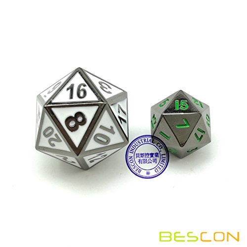 Bescon 10mm Mini Metal Dice Set – Glossy Black with Green Numbers, 7-Piece Polyhedral for D&D RPG