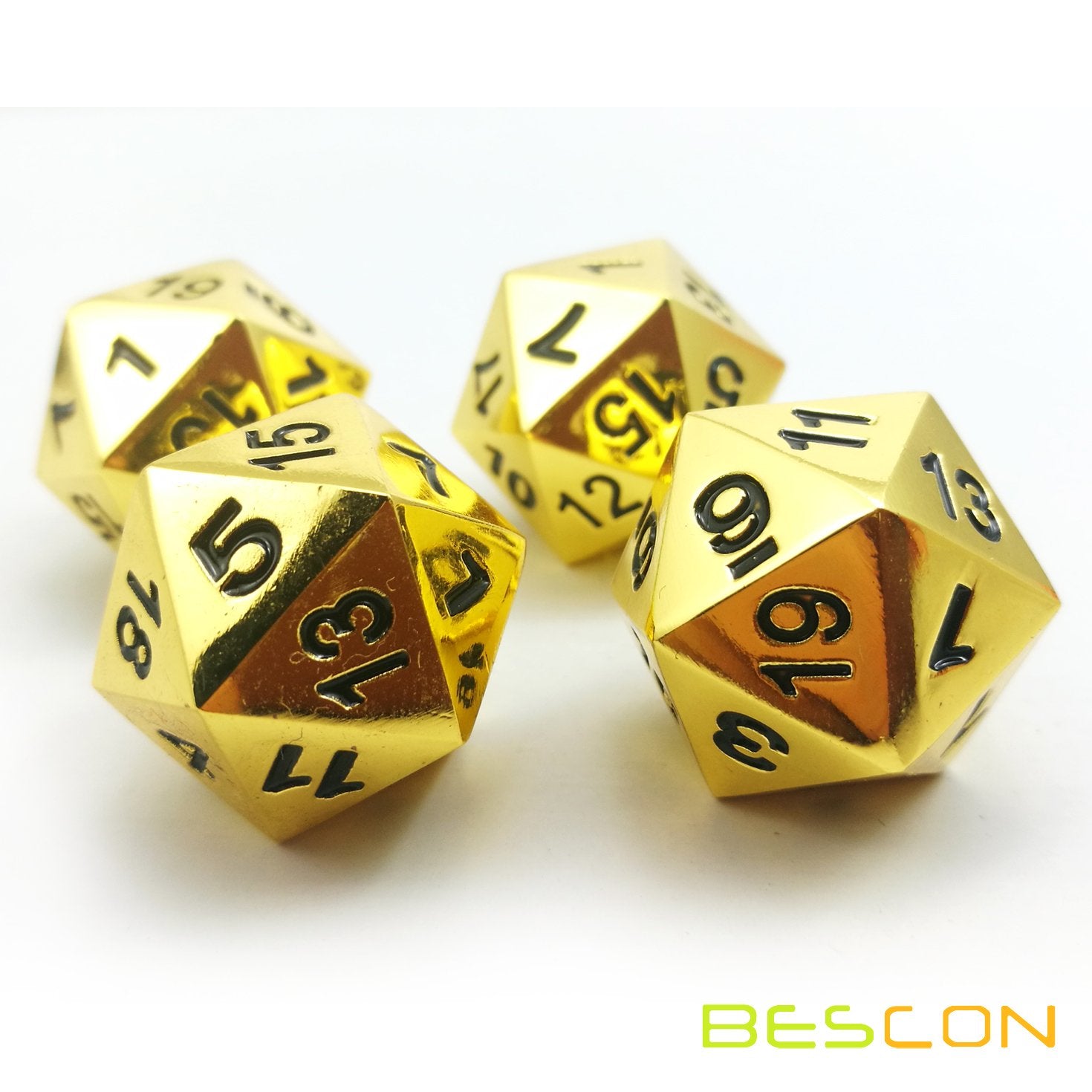 Bescon Deluxe Gold Metal D20 Dice Set of 4 - Solid Metallic Polyhedral RPG Dice