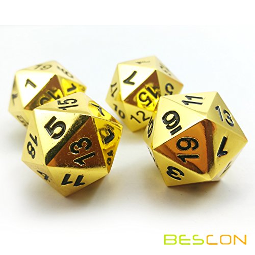 Bescon Deluxe Gold Metal D20 Dice Set of 4 - Solid Metallic Polyhedral RPG Dice