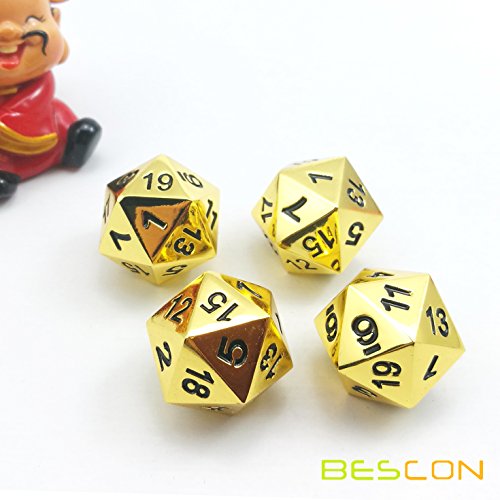Bescon Deluxe Gold Metal D20 Dice Set of 4 - Solid Metallic Polyhedral RPG Dice