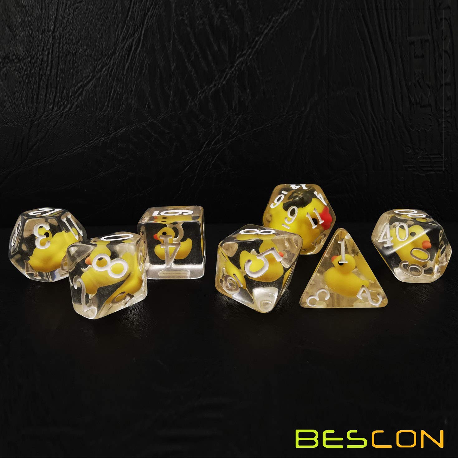 BESCON DICE YellowDuck RPG Dice Set – 7 Polyhedral Dice with Cute Yellow Duck Inside Each Die, Handmade Transparent Resin