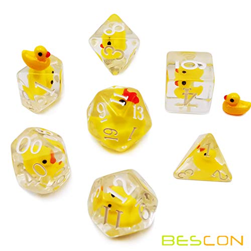 BESCON DICE YellowDuck RPG Dice Set – 7 Polyhedral Dice with Cute Yellow Duck Inside Each Die, Handmade Transparent Resin