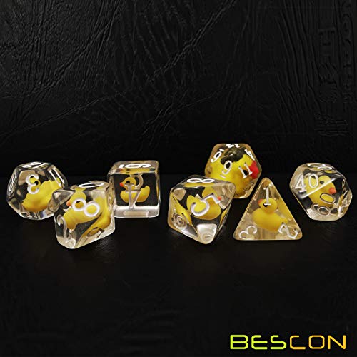 BESCON DICE YellowDuck RPG Dice Set – 7 Polyhedral Dice with Cute Yellow Duck Inside Each Die, Handmade Transparent Resin