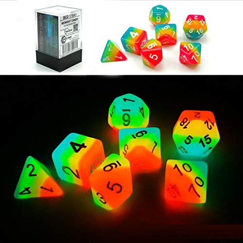 Bescon Fantasy Rainbow Glowing Polyhedral Dice 7-Piece Set – Midnight Candy Luminous RPG Dice for DND, Pathfinder, Magic the Gathering