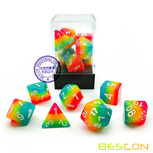 Bescon Fantasy Rainbow Glowing Polyhedral Dice 7-Piece Set – Midnight Candy Luminous RPG Dice for DND, Pathfinder, Magic the Gathering