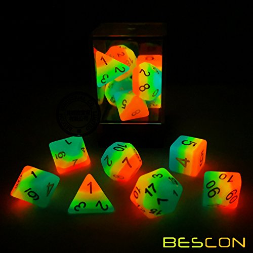 Bescon Fantasy Rainbow Glowing Polyhedral Dice 7-Piece Set – Midnight Candy Luminous RPG Dice for DND, Pathfinder, Magic the Gathering