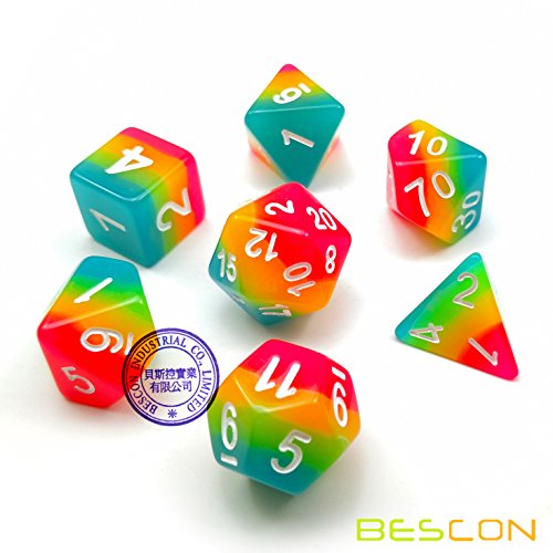 Bescon Fantasy Rainbow Glowing Polyhedral Dice 7-Piece Set – Midnight Candy Luminous RPG Dice for DND, Pathfinder, Magic the Gathering