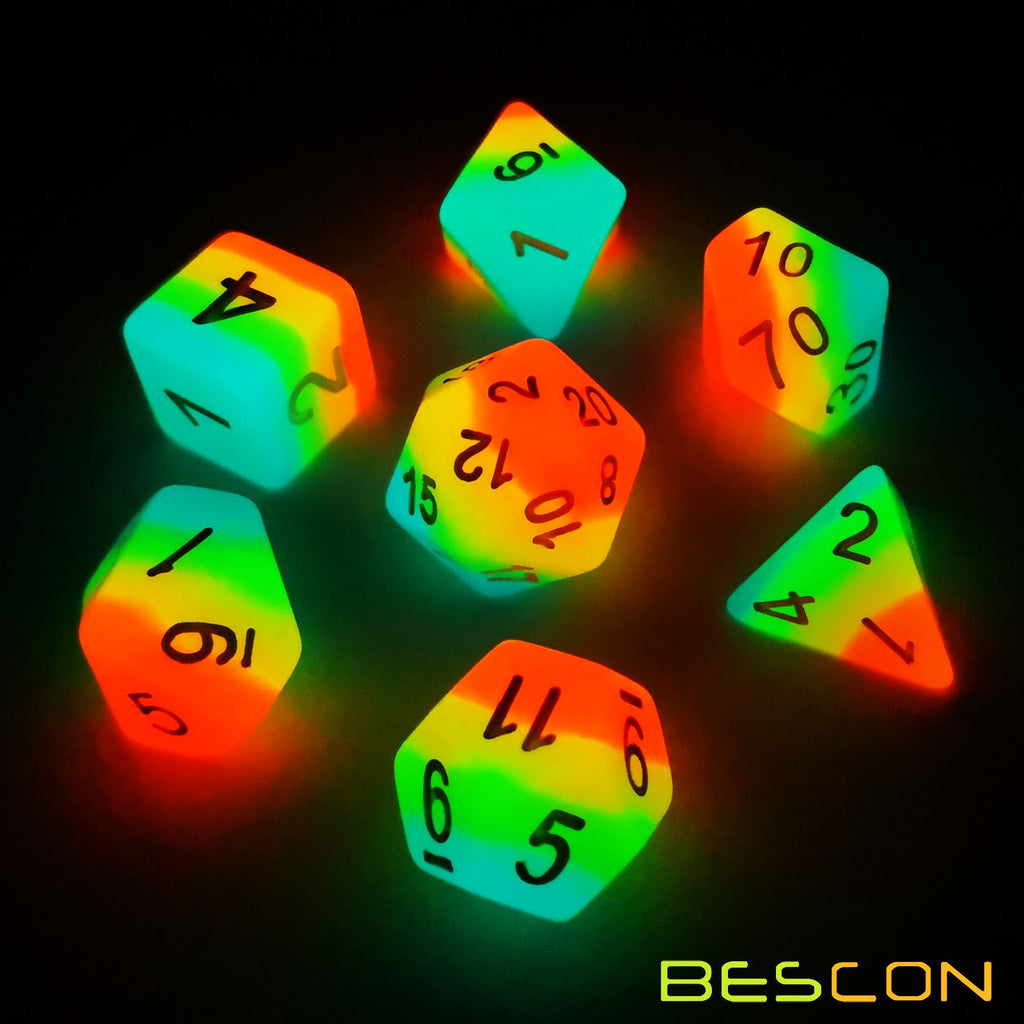 Bescon Fantasy Rainbow Glowing Polyhedral Dice 7-Piece Set – Midnight Candy Luminous RPG Dice for DND, Pathfinder, Magic the Gathering