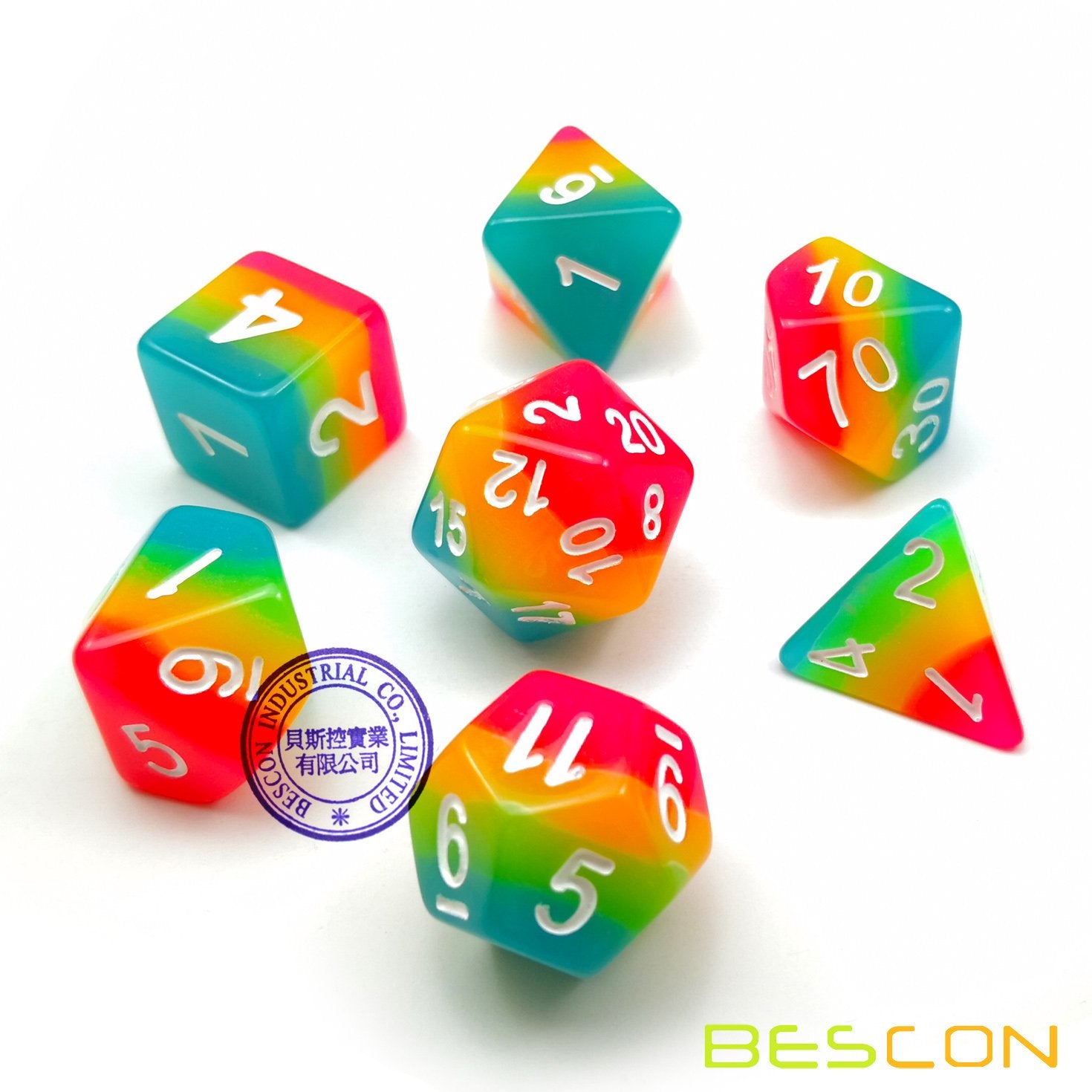 Bescon Fantasy Rainbow Glowing Polyhedral Dice 7-Piece Set – Midnight Candy Luminous RPG Dice for DND, Pathfinder, Magic the Gathering
