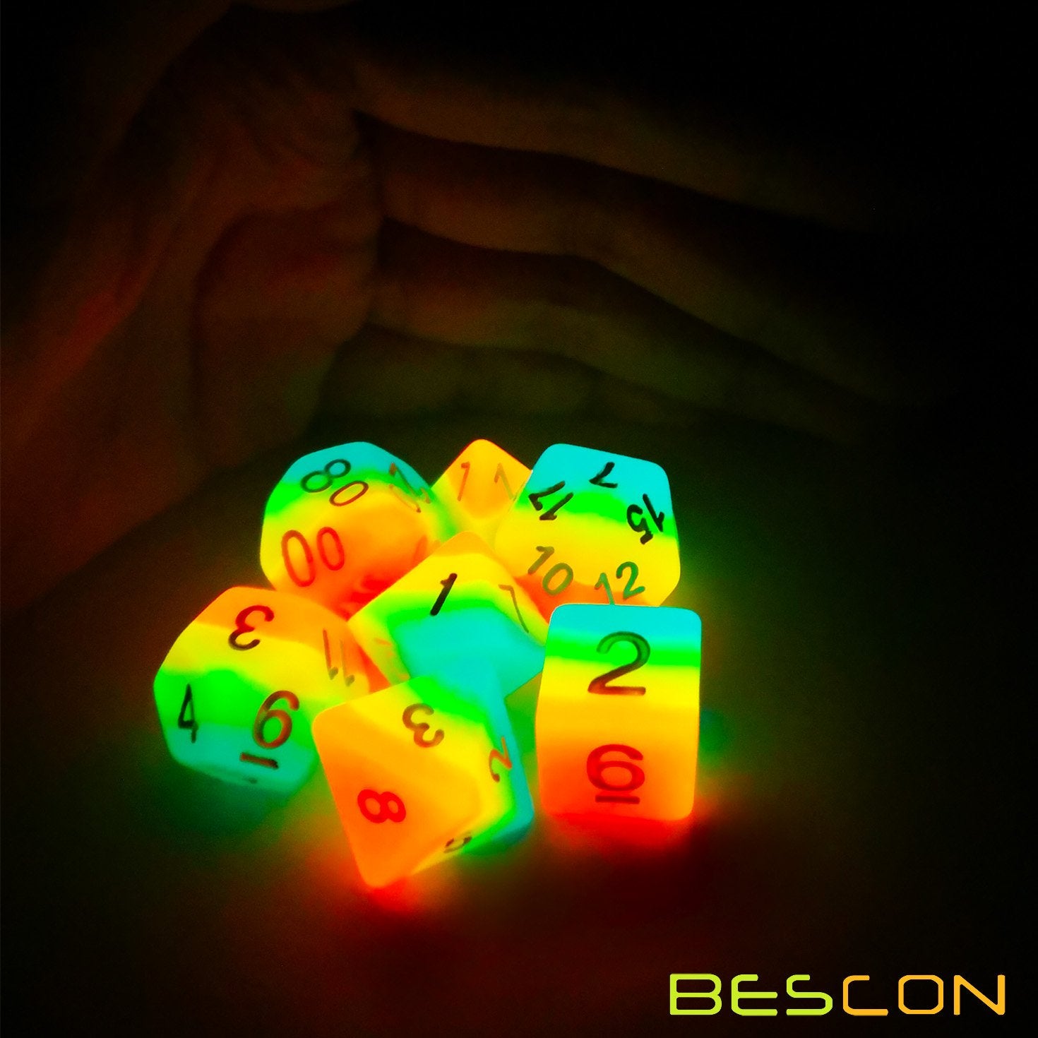 Bescon Fantasy Rainbow Glowing Polyhedral Dice 7-Piece Set – Midnight Candy Luminous RPG Dice for DND, Pathfinder, Magic the Gathering