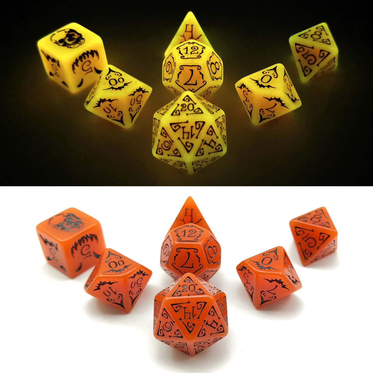 Bescon Glowing Halloween Dice Set 7pcs - Luminous Polyhedral RPG Dice with Velvet Pouch