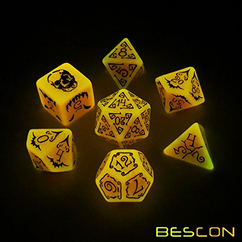 Bescon Glowing Halloween Dice Set 7pcs - Luminous Polyhedral RPG Dice with Velvet Pouch