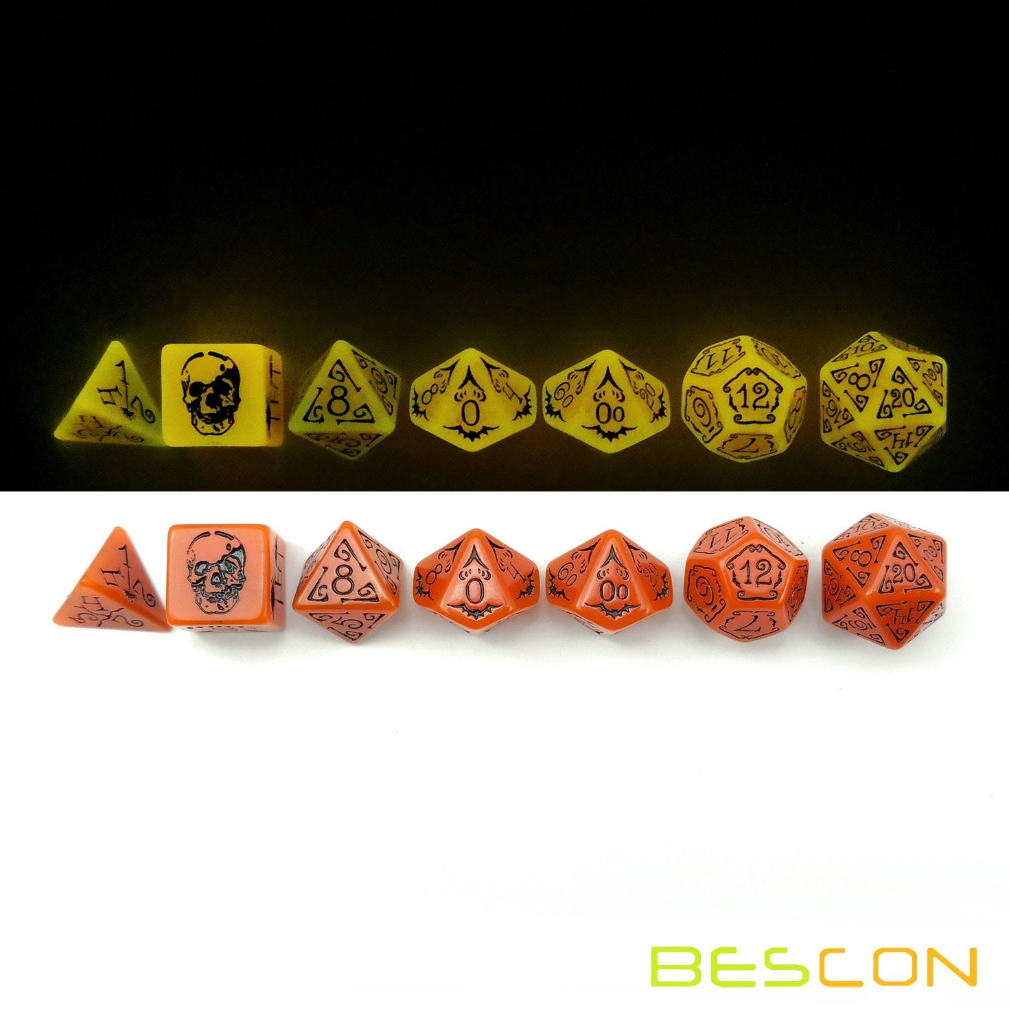 Bescon Glowing Halloween Dice Set 7pcs - Luminous Polyhedral RPG Dice with Velvet Pouch
