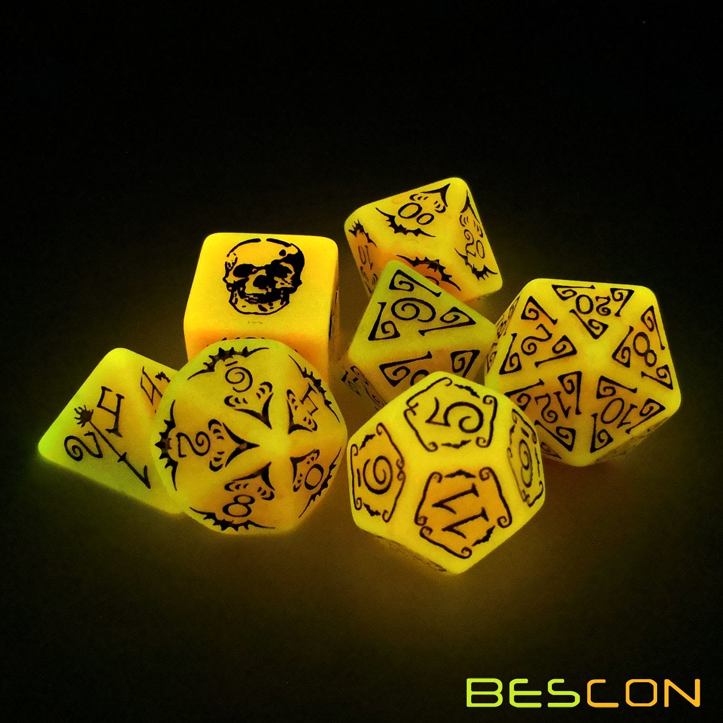 Bescon Glowing Halloween Dice Set 7pcs - Luminous Polyhedral RPG Dice with Velvet Pouch