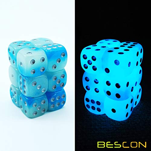 Bescon Icy Rocks Glowing D6 Dice Set - 12 Two-Tone Blue Dice with Cool Blue Glow