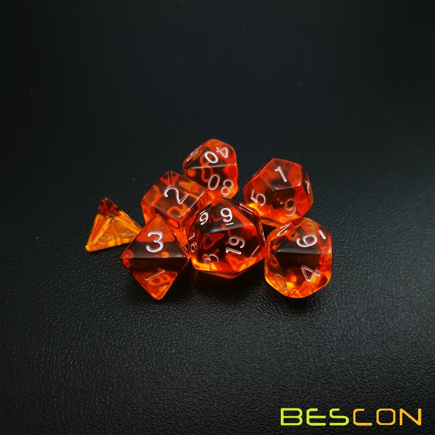 Bescon Mini Translucent Polyhedral RPG Dice Set - 10mm (7-Piece, Transparent Orange)